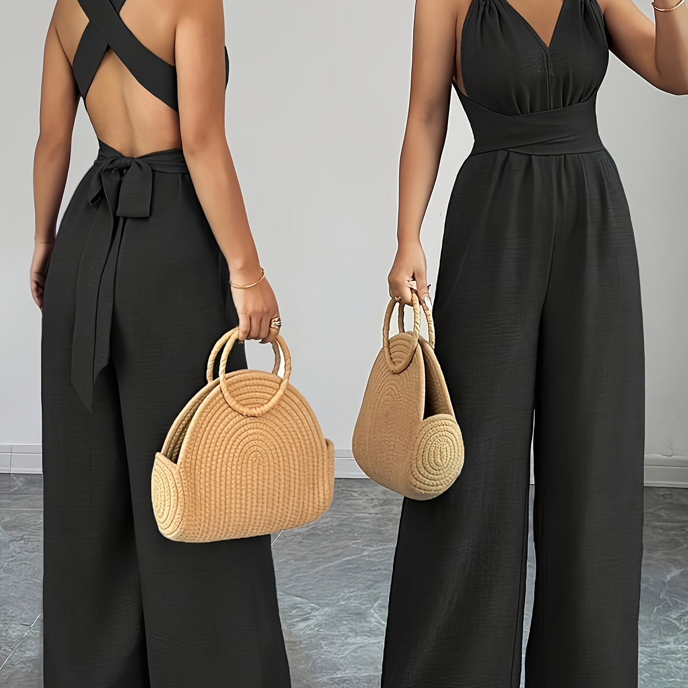 Women's Wide-Leg Jumpsuit - Backless Design and Tie-Back Closure