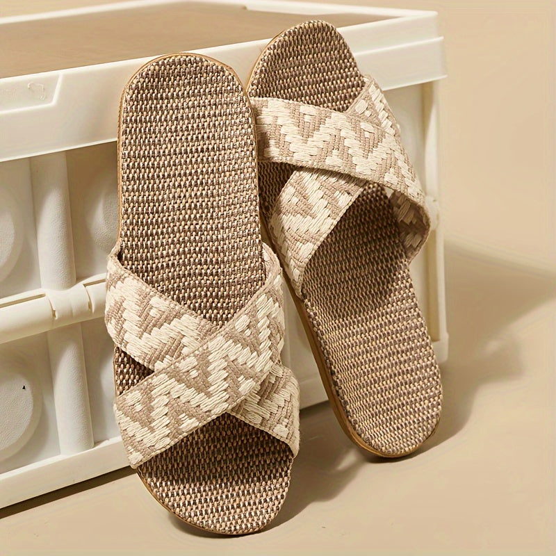 Women's Bohemian Slippers - Criss-Cross Woven Straps and Textured Flax Footbed