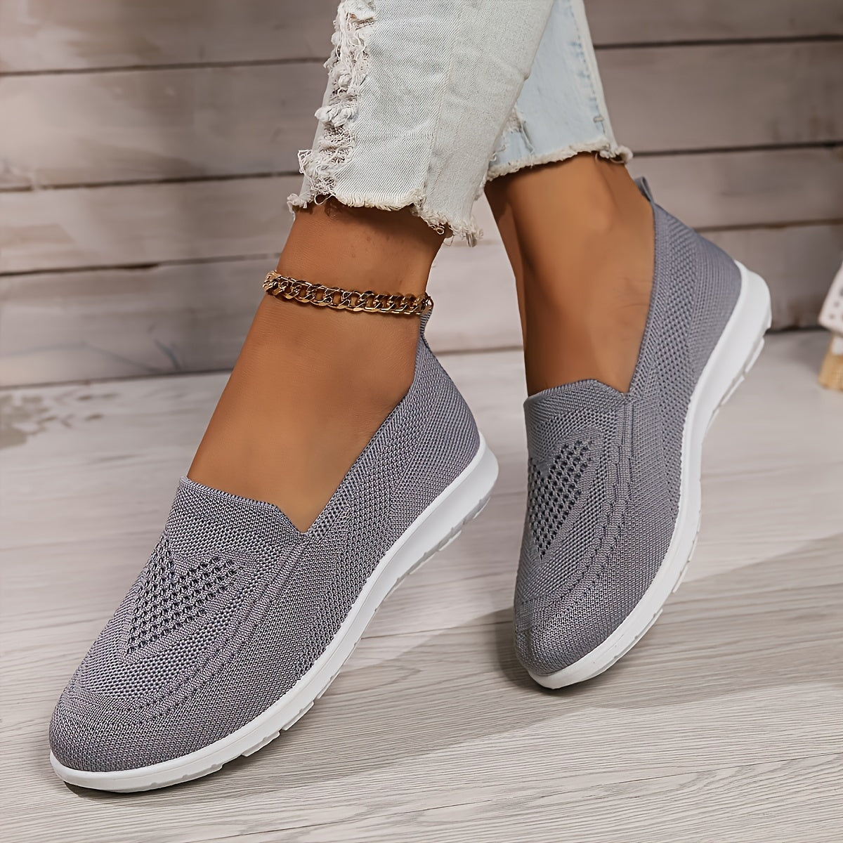 Women's Mesh Walking Shoes - Heart-Pattern Knit and Slip-On Design