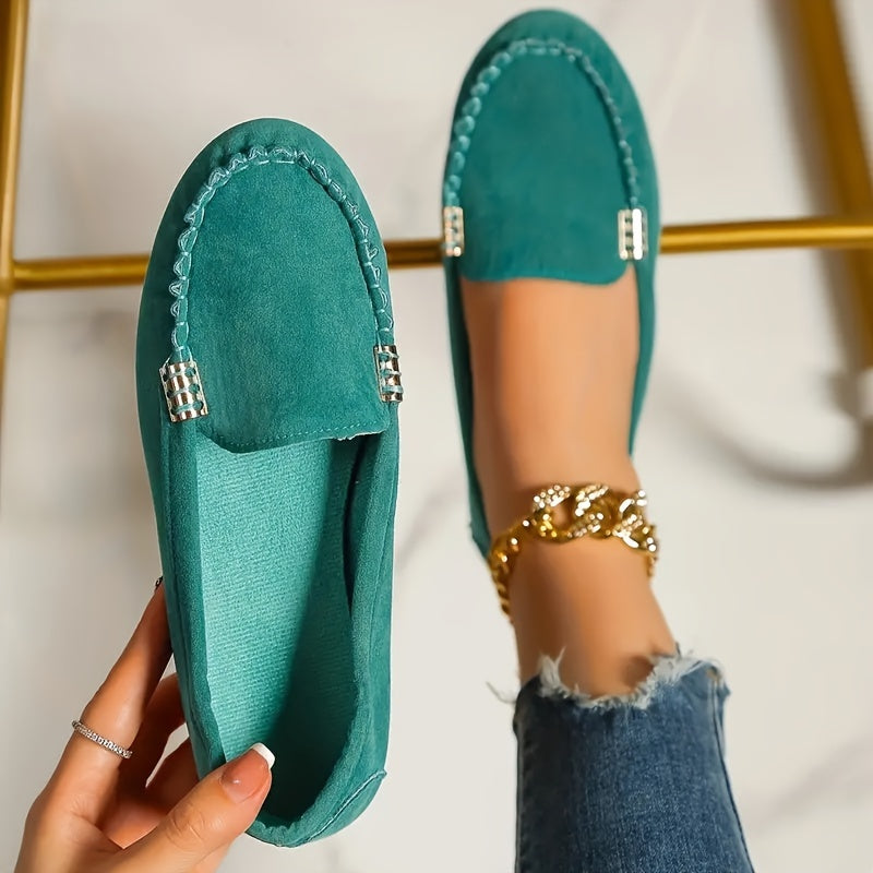 Women's Suede Loafers - Whipstitch Detailing and Slip-On Design