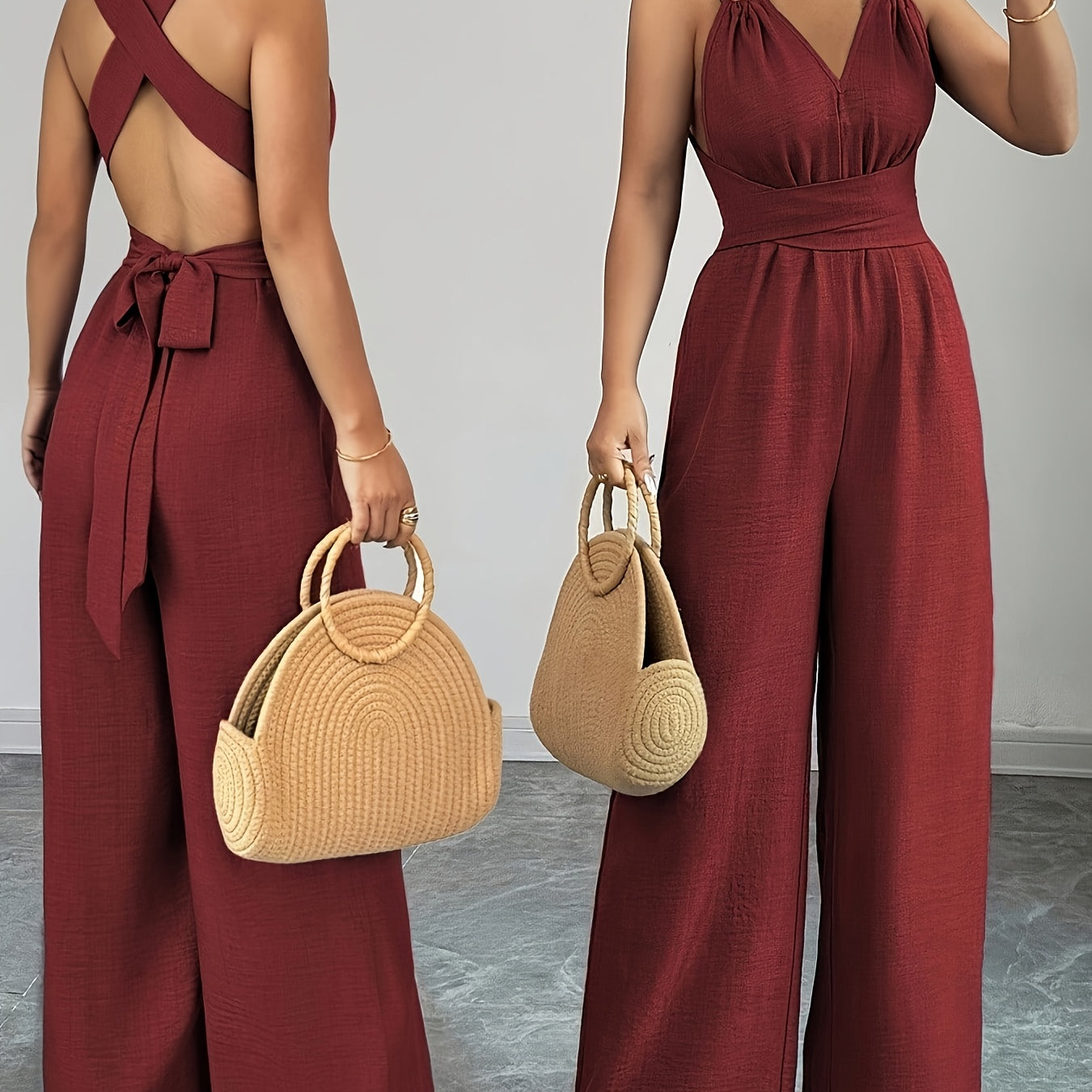 Women's Wide-Leg Jumpsuit - Backless Design and Tie-Back Closure