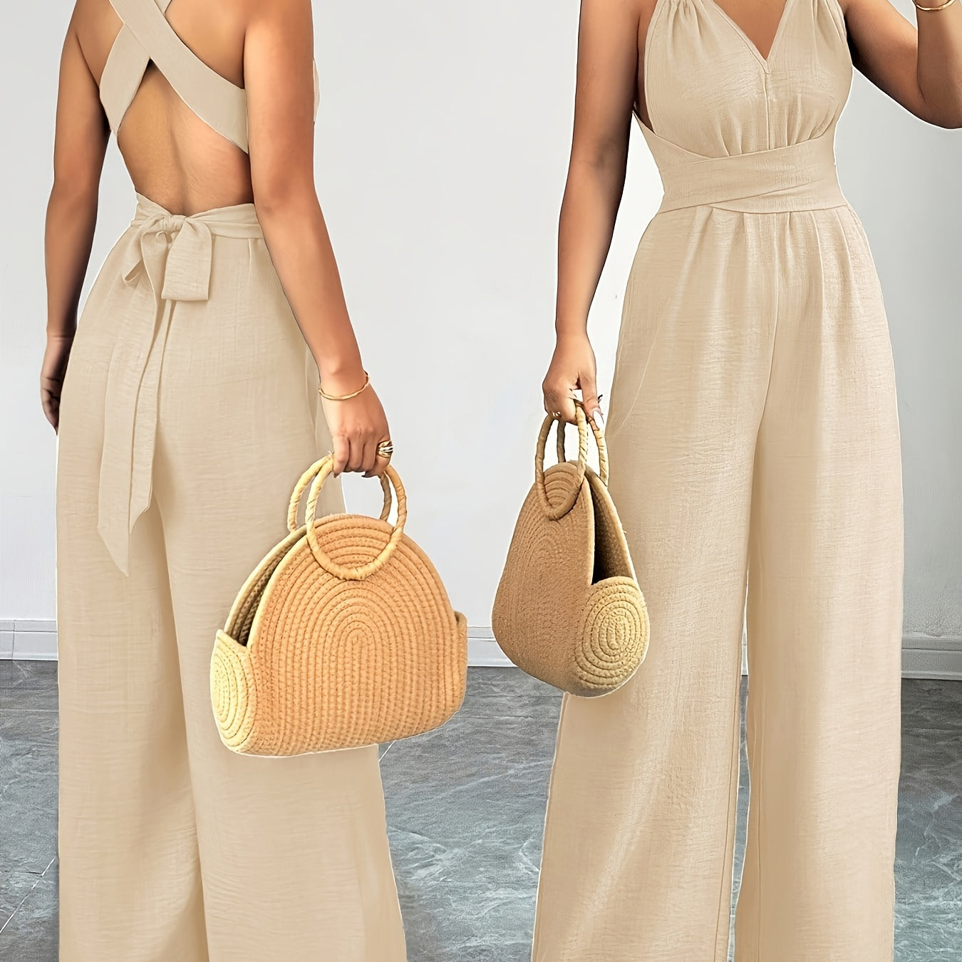 Women's Wide-Leg Jumpsuit - Backless Design and Tie-Back Closure