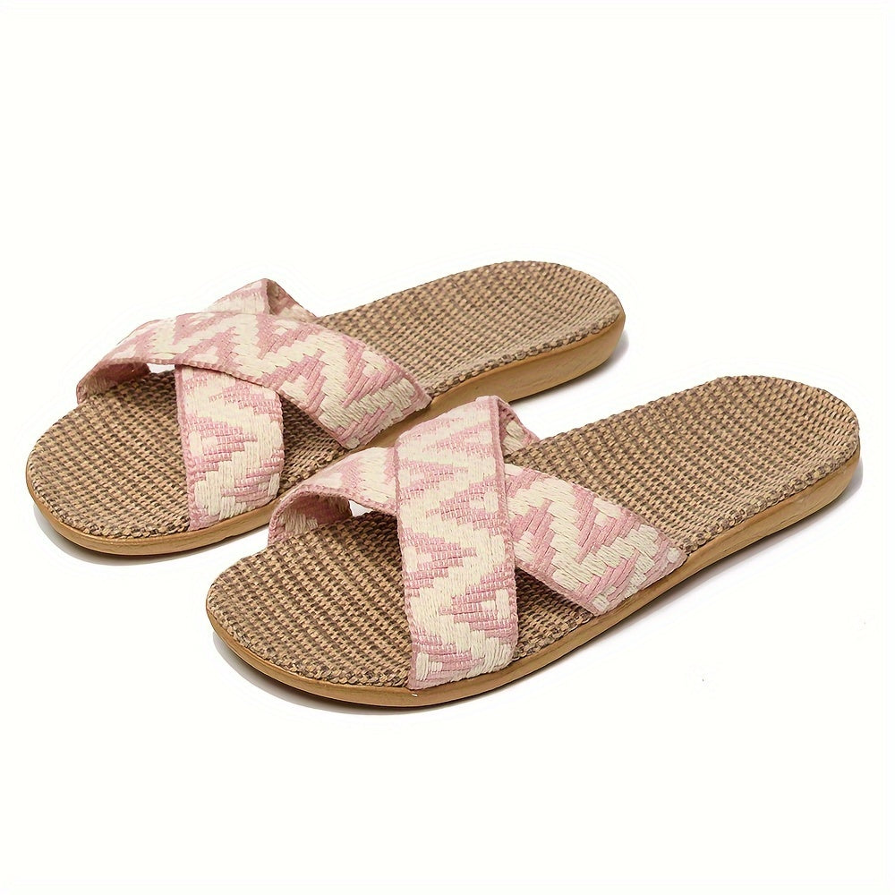 Women's Bohemian Slippers - Criss-Cross Woven Straps and Textured Flax Footbed
