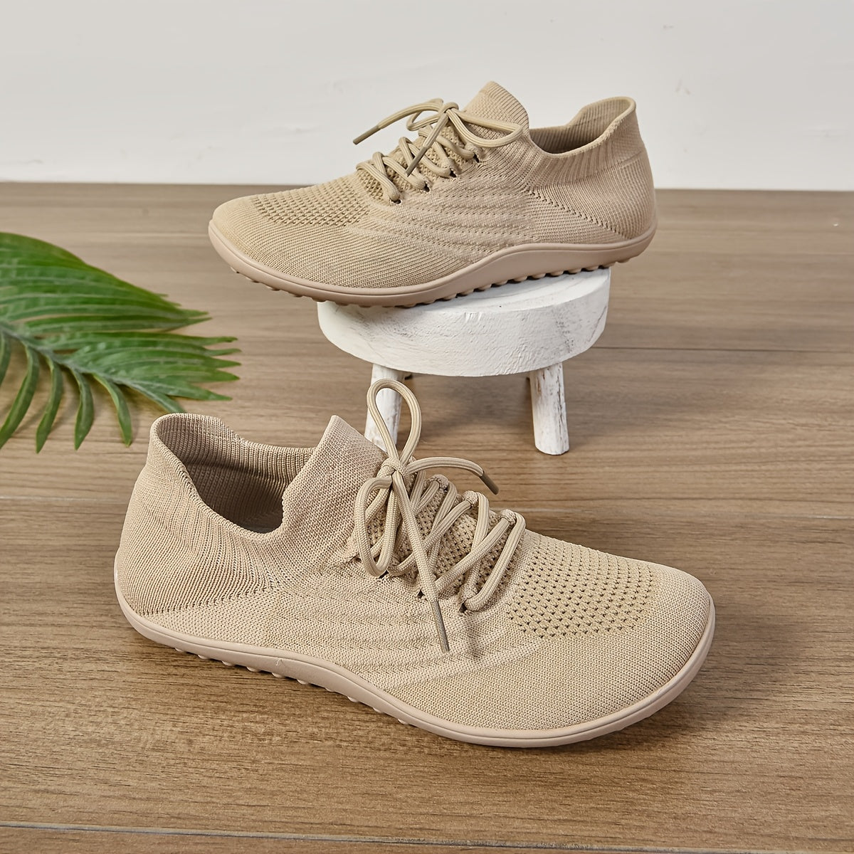 Women's Knit Sneakers - Lace-Up Closure and Flexible Mesh Upper