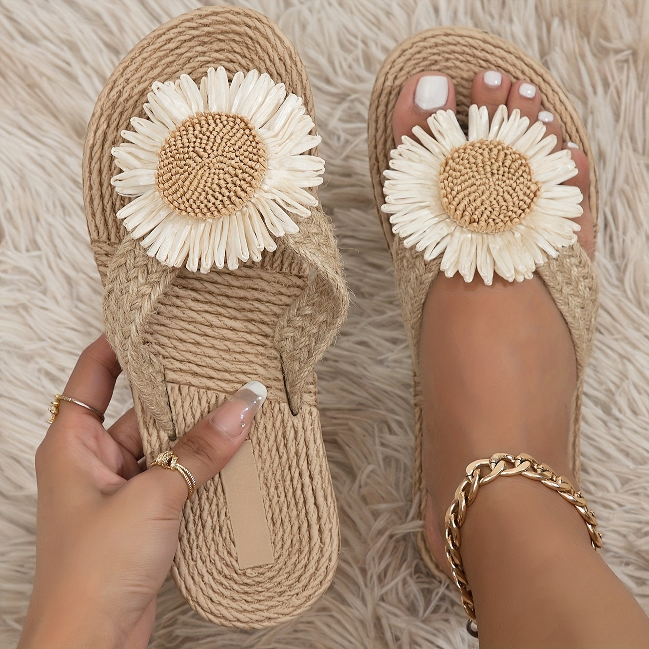 Women's Khaki Thong Sandals - Large Daisy Flower Accent and Braided Rope Sole