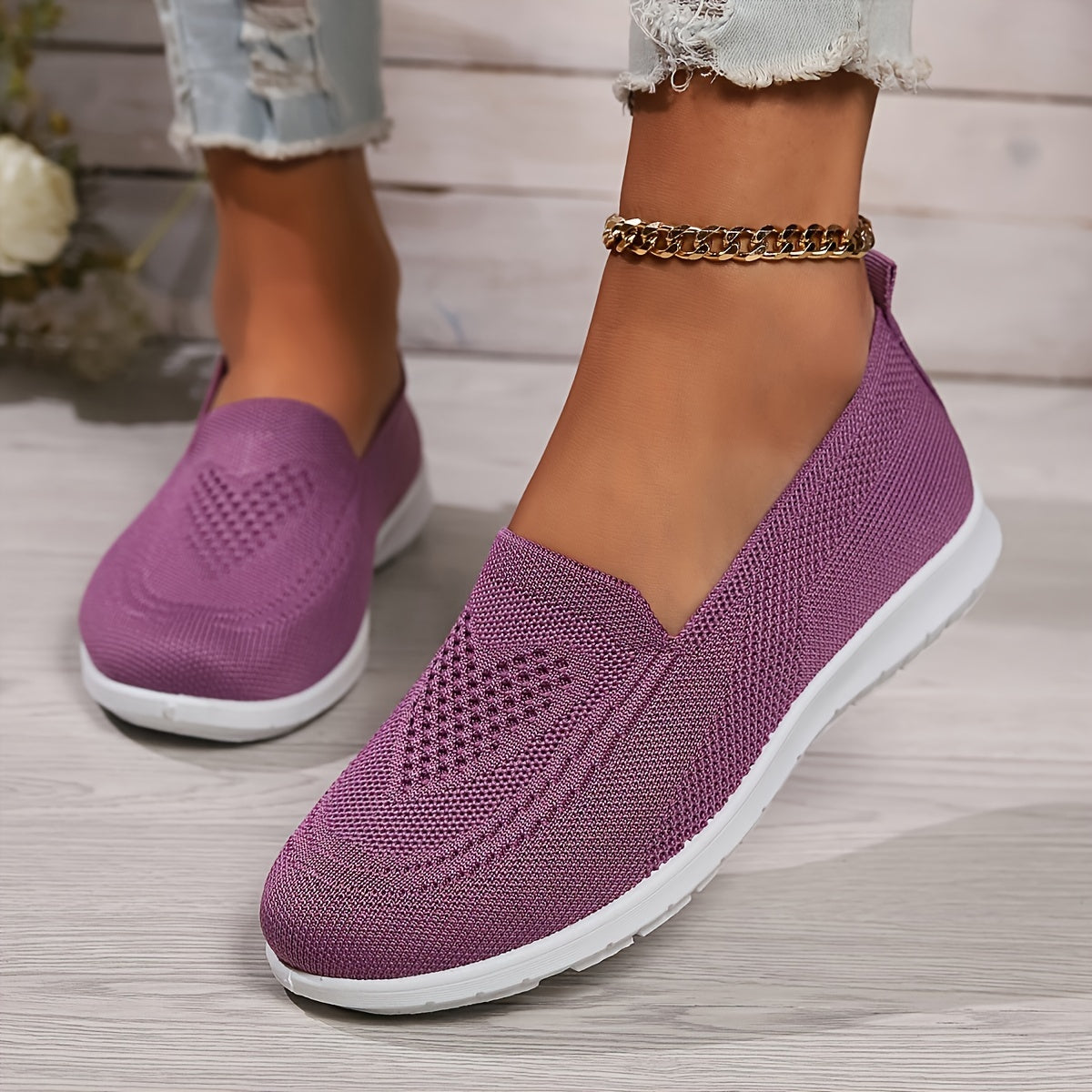 Women's Mesh Walking Shoes - Heart-Pattern Knit and Slip-On Design
