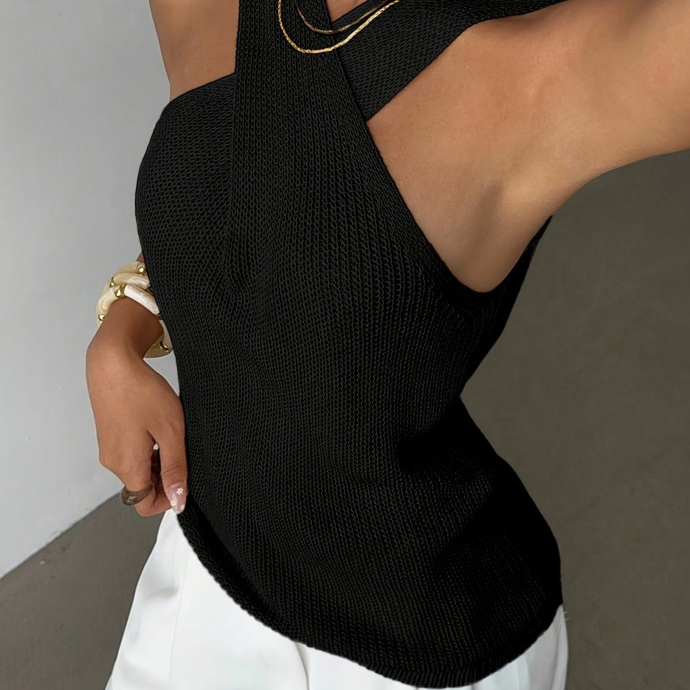 Women's Halter Knit Top - Criss-Cross Neckline and Sleeveless Design