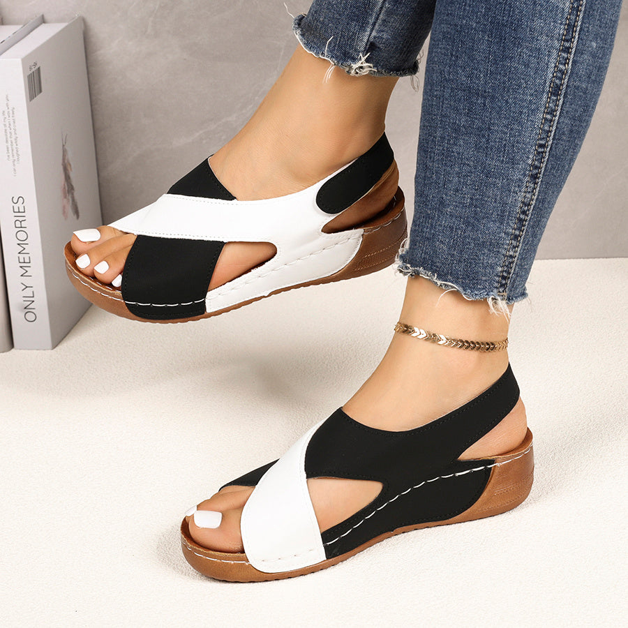 Women's Wedge Sandals - Contrast Color-Block Upper and Hook-and-Loop Strap