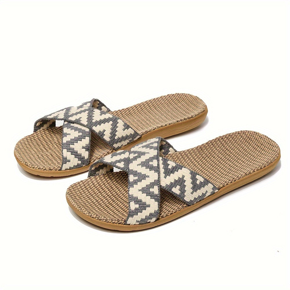 Women's Bohemian Slippers - Criss-Cross Woven Straps and Textured Flax Footbed