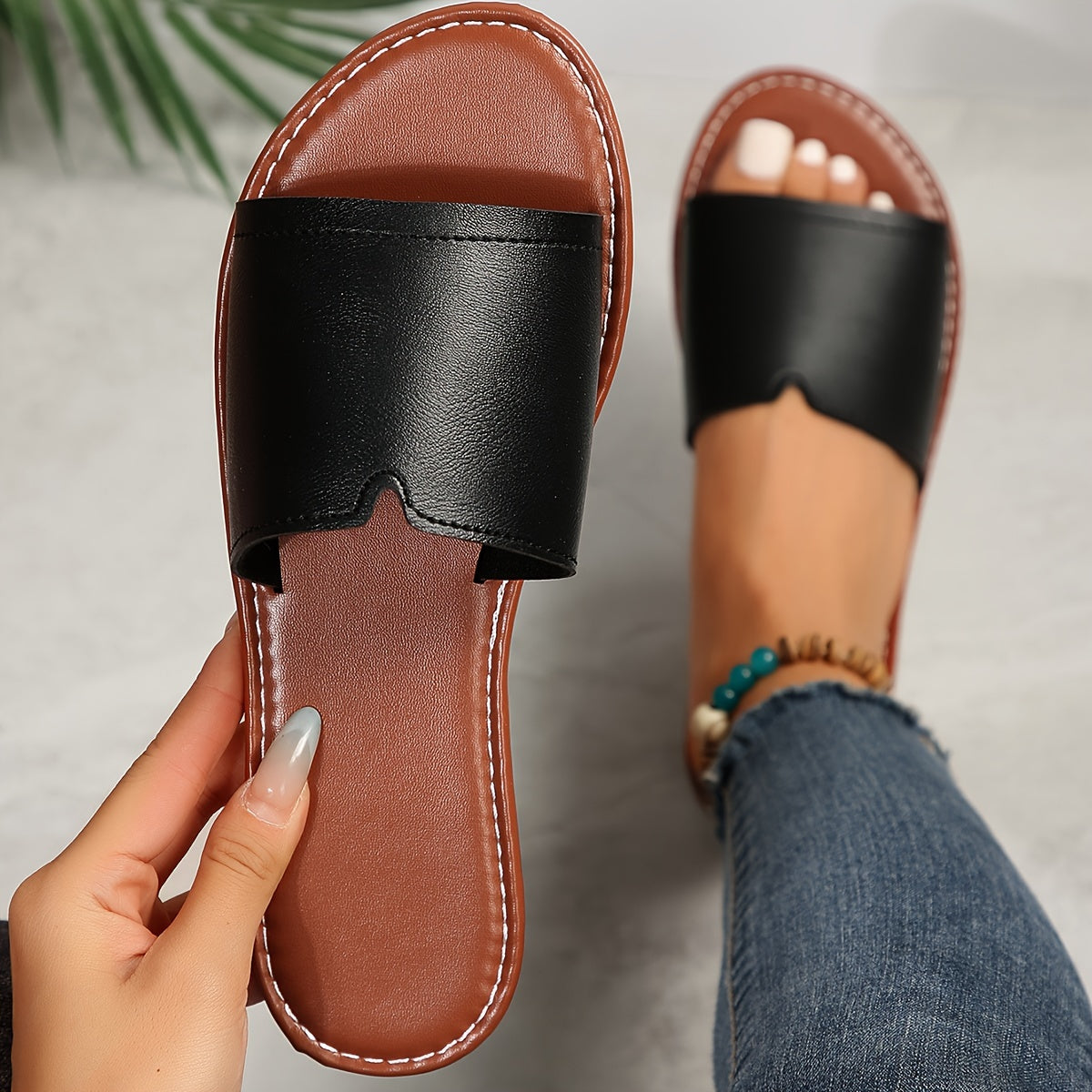 Women's Flat Sandals - Single Band Upper and Contrast Perimeter Stitching