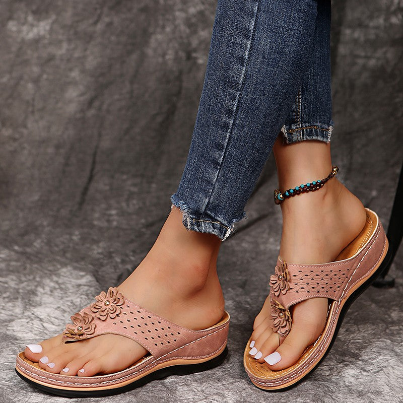 Women's Wedge Thong Sandals - Floral Accents and Laser-Cut Detailing