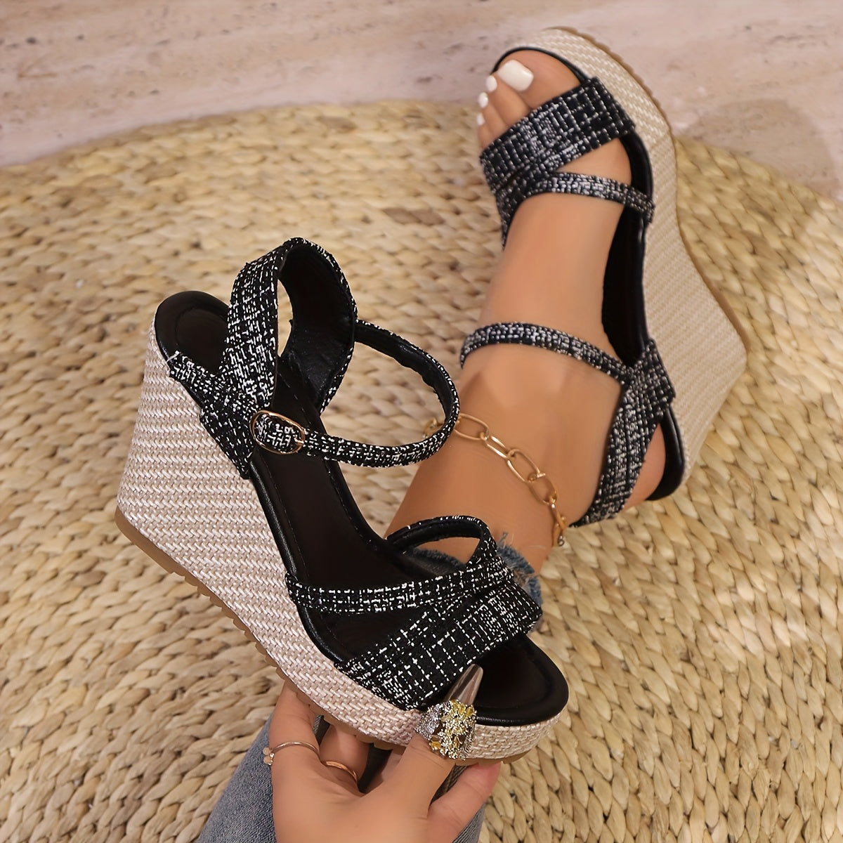Women's Wedge Sandals - Criss-Cross Straps and Espadrille Platform