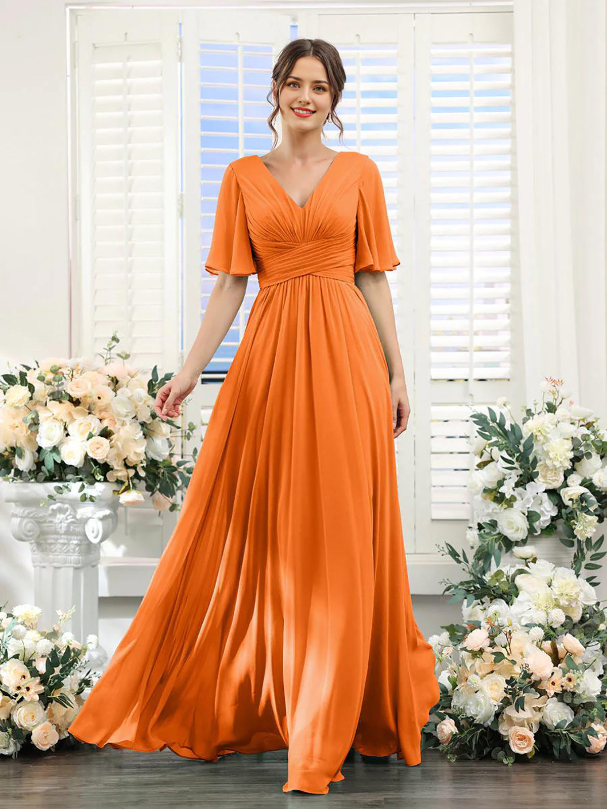 Women's Chiffon Dress – Elegant V-Neck with High Slit for Weddings and Formal Events 0