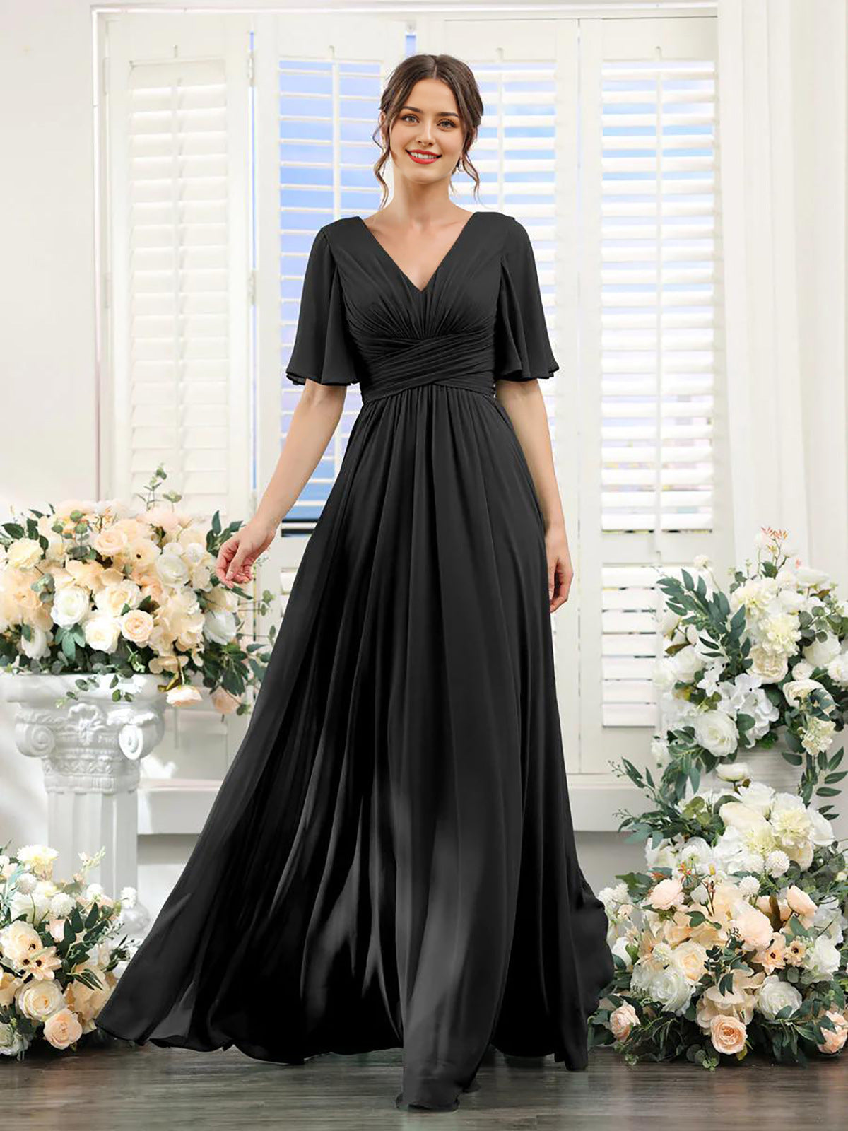 Women's Chiffon Dress – Elegant V-Neck with High Slit for Weddings and Formal Events 14