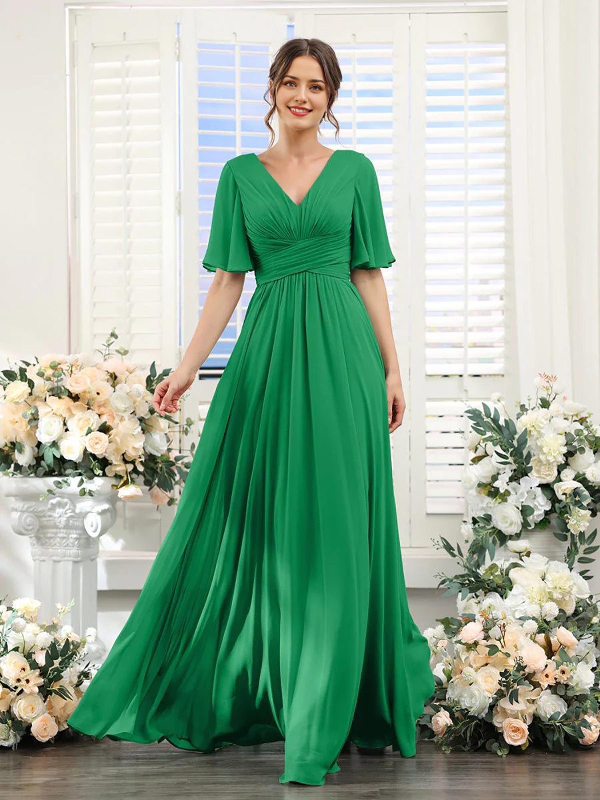 Women's Chiffon Dress – Elegant V-Neck with High Slit for Weddings and Formal Events 15