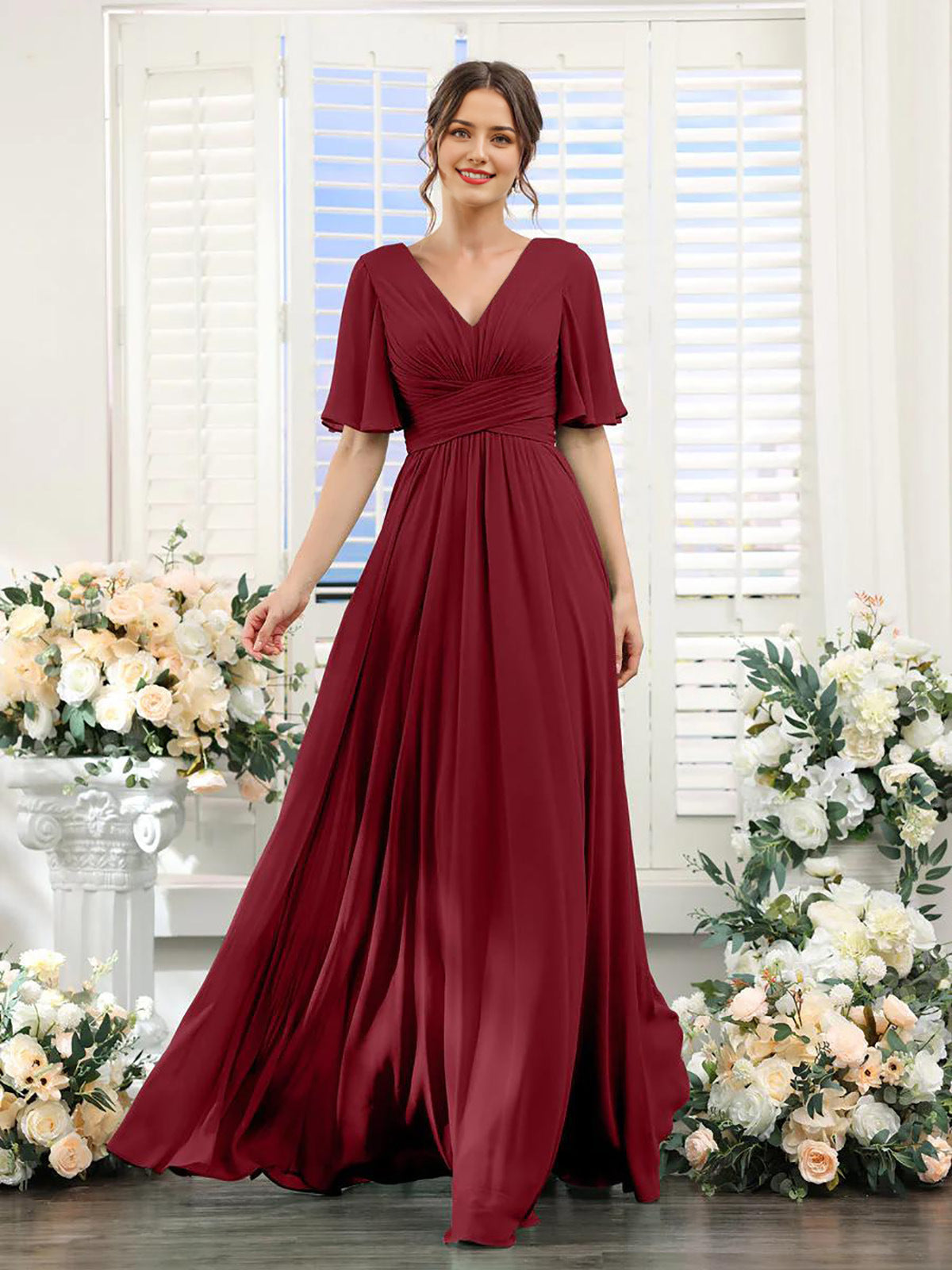 Women's Chiffon Dress – Elegant V-Neck with High Slit for Weddings and Formal Events 3