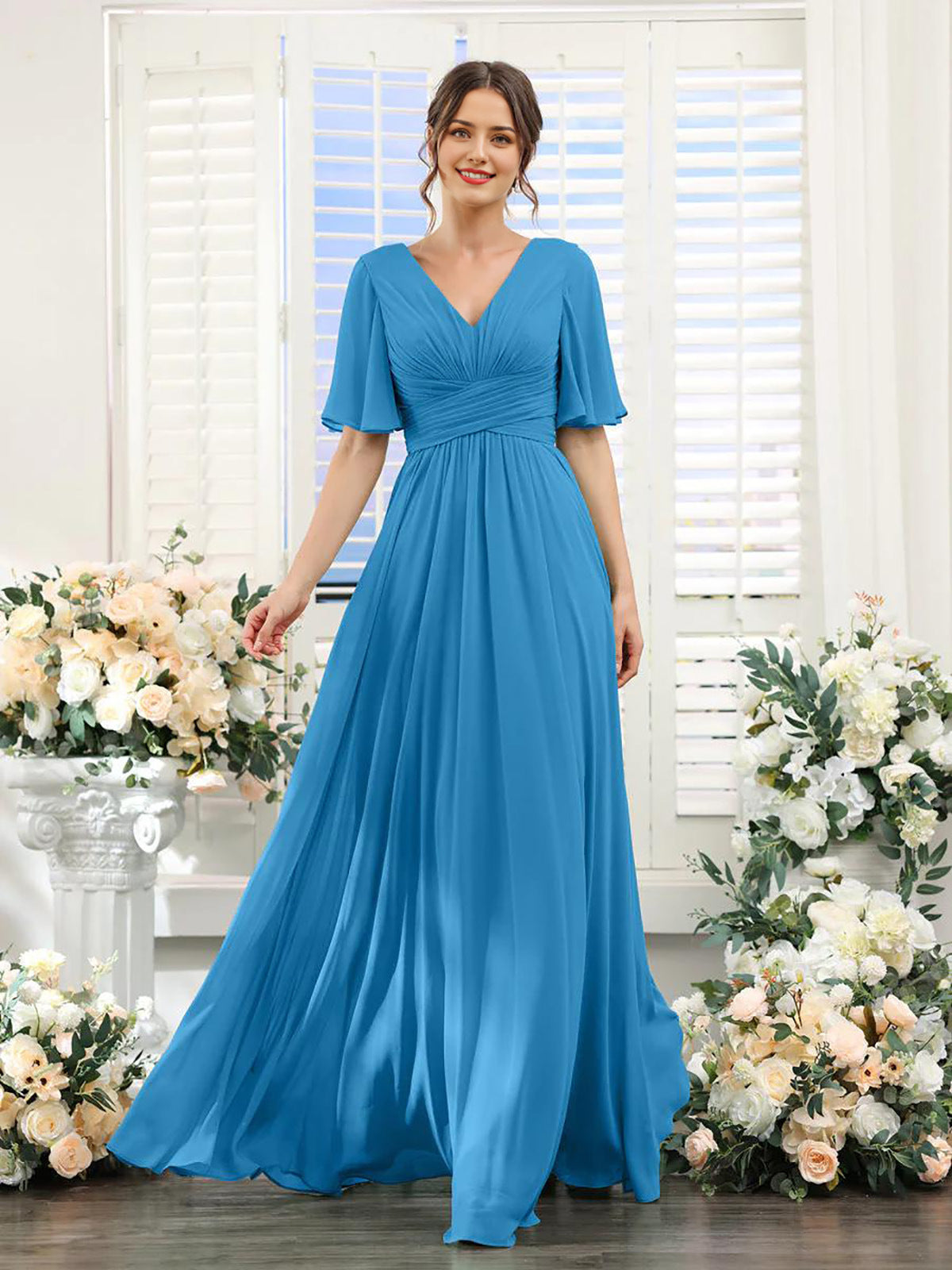 Women's Chiffon Dress – Elegant V-Neck with High Slit for Weddings and Formal Events 5