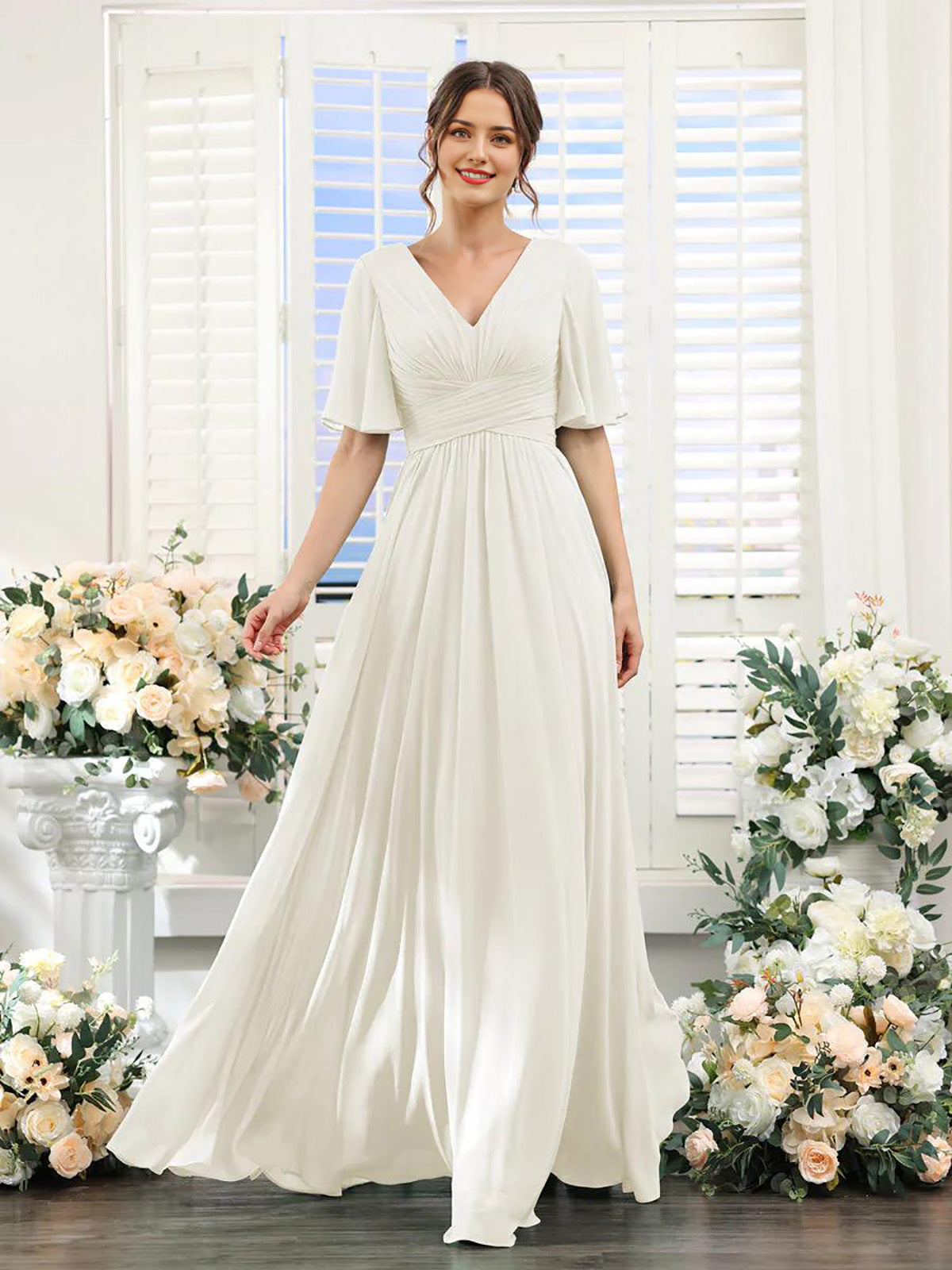 Women's Chiffon Dress – Elegant V-Neck with High Slit for Weddings and Formal Events 9