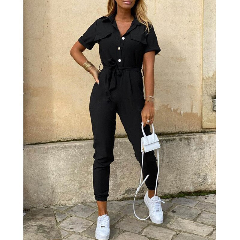 Women’s Jumpsuit – Stylish Figure-Hugging Design with Elegant Belt and Buttons 0