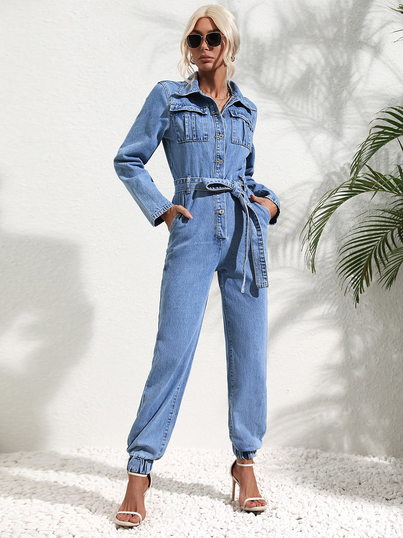 Women's Jumpsuit – Trendy Flap Pocket with Stylish Jeans Belt for Casual Outings 3