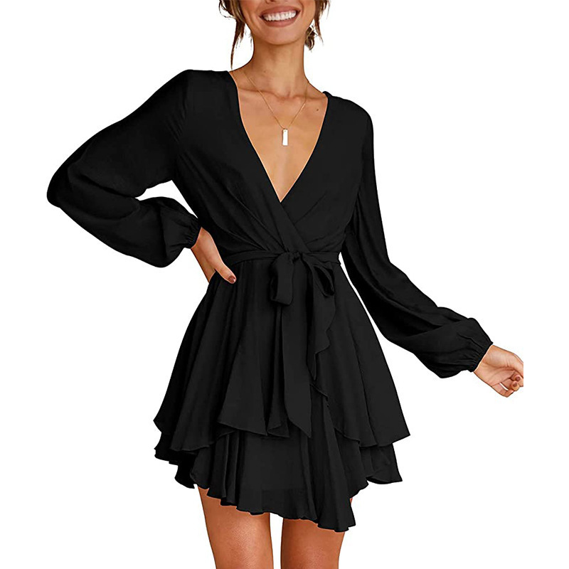 Women’s V-Neck Dress – Stylish Lantern Sleeves for Effortless Elegance 0