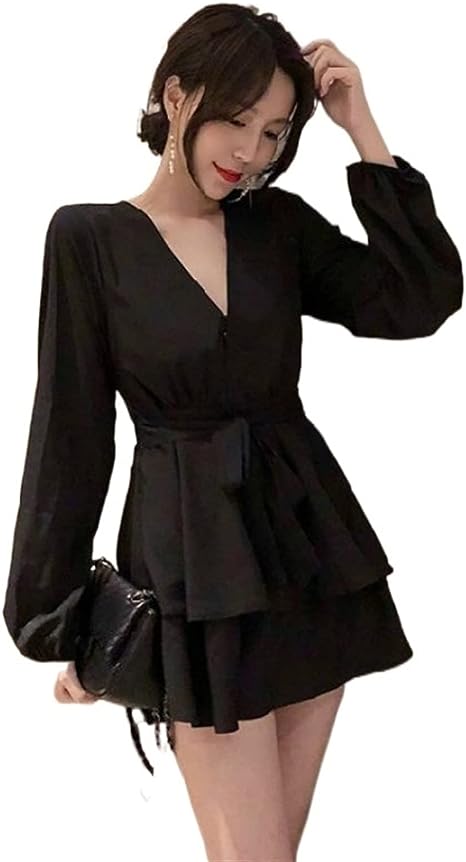 Women’s V-Neck Dress – Stylish Lantern Sleeves for Effortless Elegance 1
