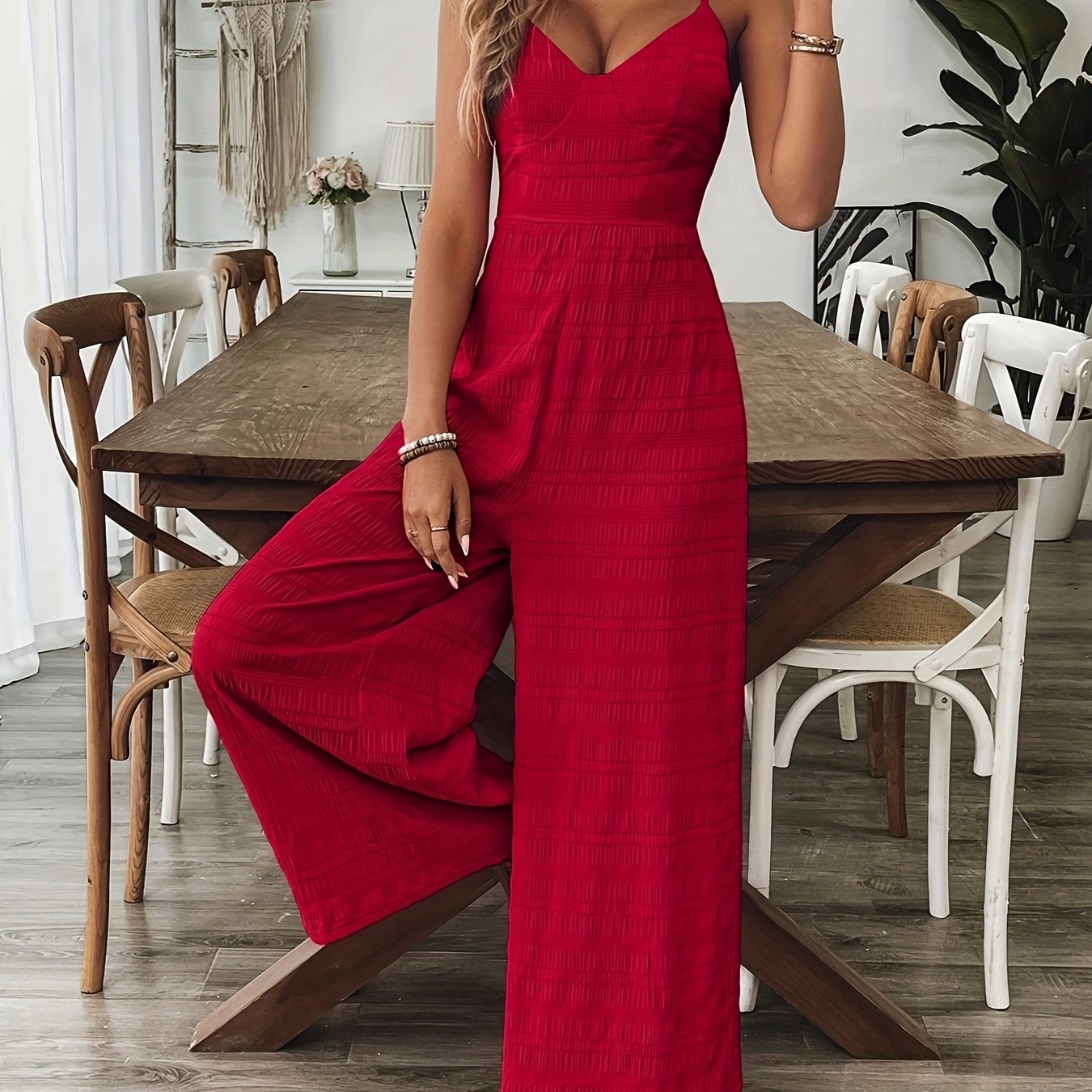 Women's Crinkle Wide-Leg Jumpsuit - Sweetheart Neckline and Tie-Back Bow