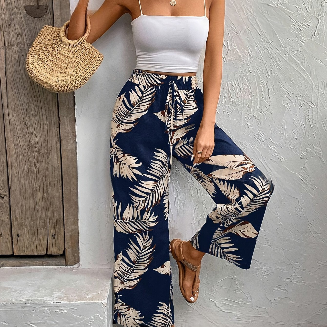 Women's Tropical Print Trousers - High-Waist Design and Wide-Leg Cut
