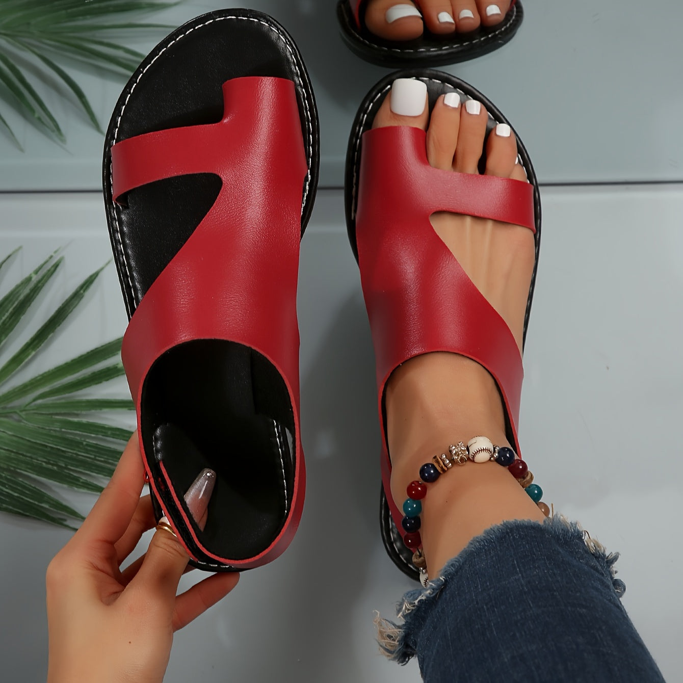 Women's Asymmetrical Sandals - Toe-Loop Design and Contrast Stitching