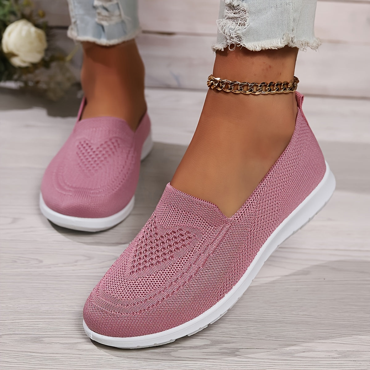Women's Mesh Walking Shoes - Heart-Pattern Knit and Slip-On Design