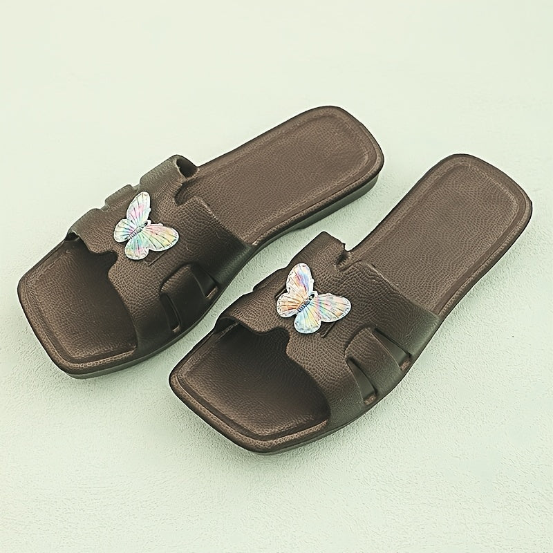 Women's Slide Sandals - Decorative Charm Accents and Textured Wide Band